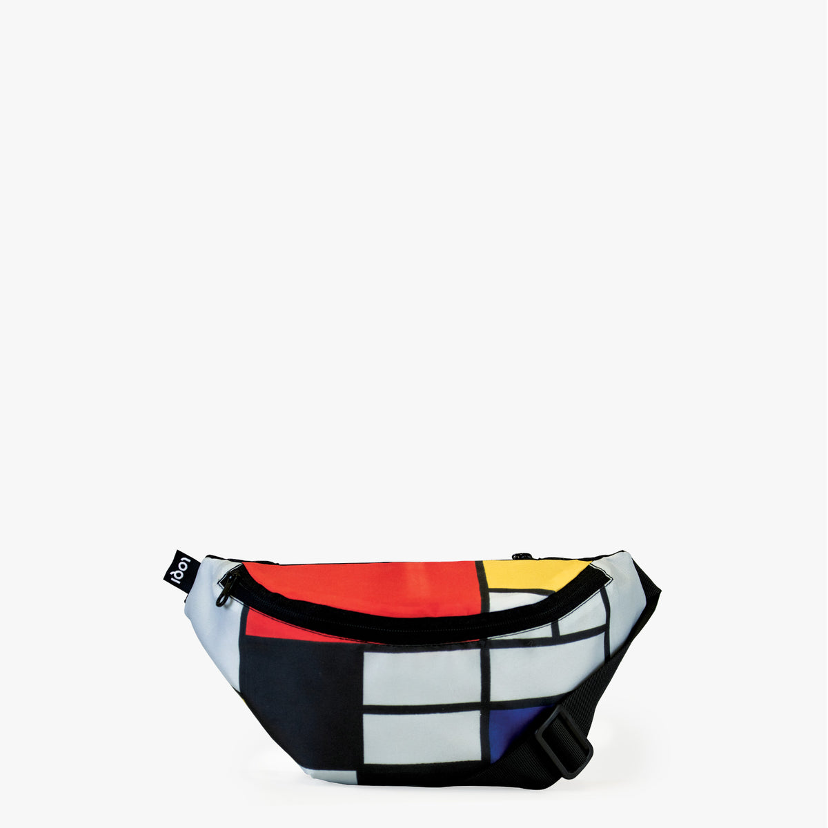 Composition avec rouge, jaune, bleu et noir, sac à dos recyclé