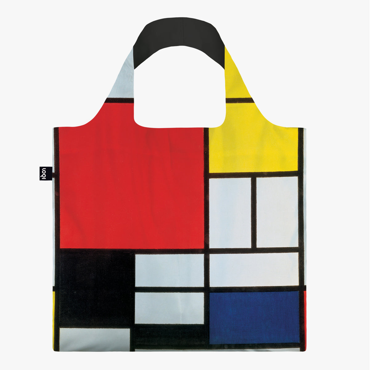 Composizione con borsa riciclata rossa, gialla, blu e nera