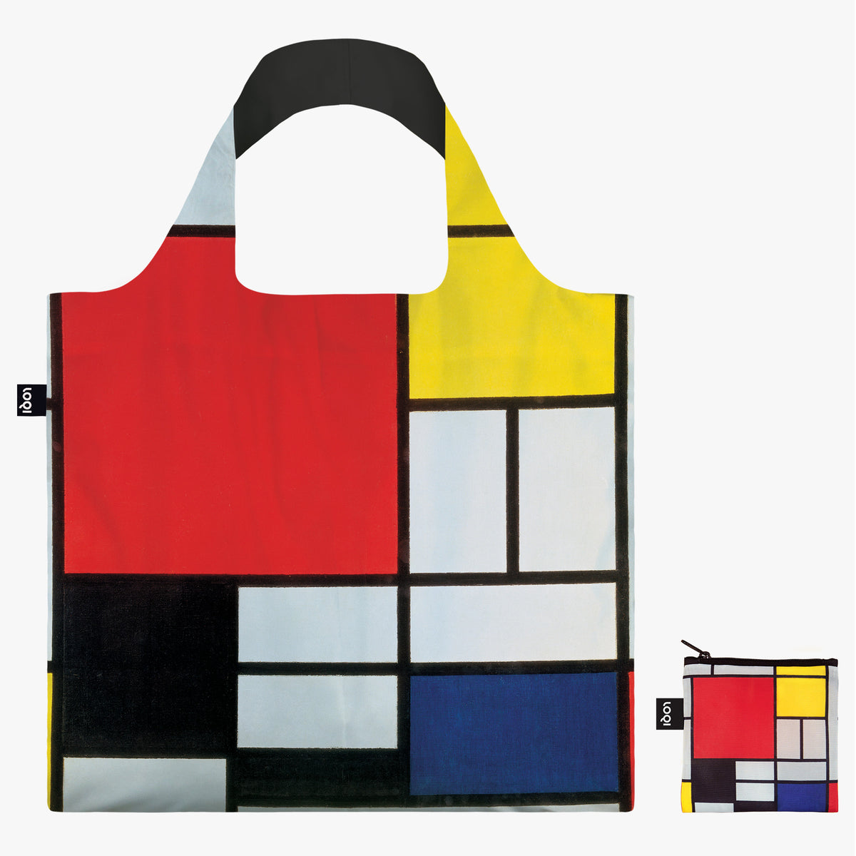 Komposition mit rotem, gelbem, blauem und schwarzem Recyclingsack