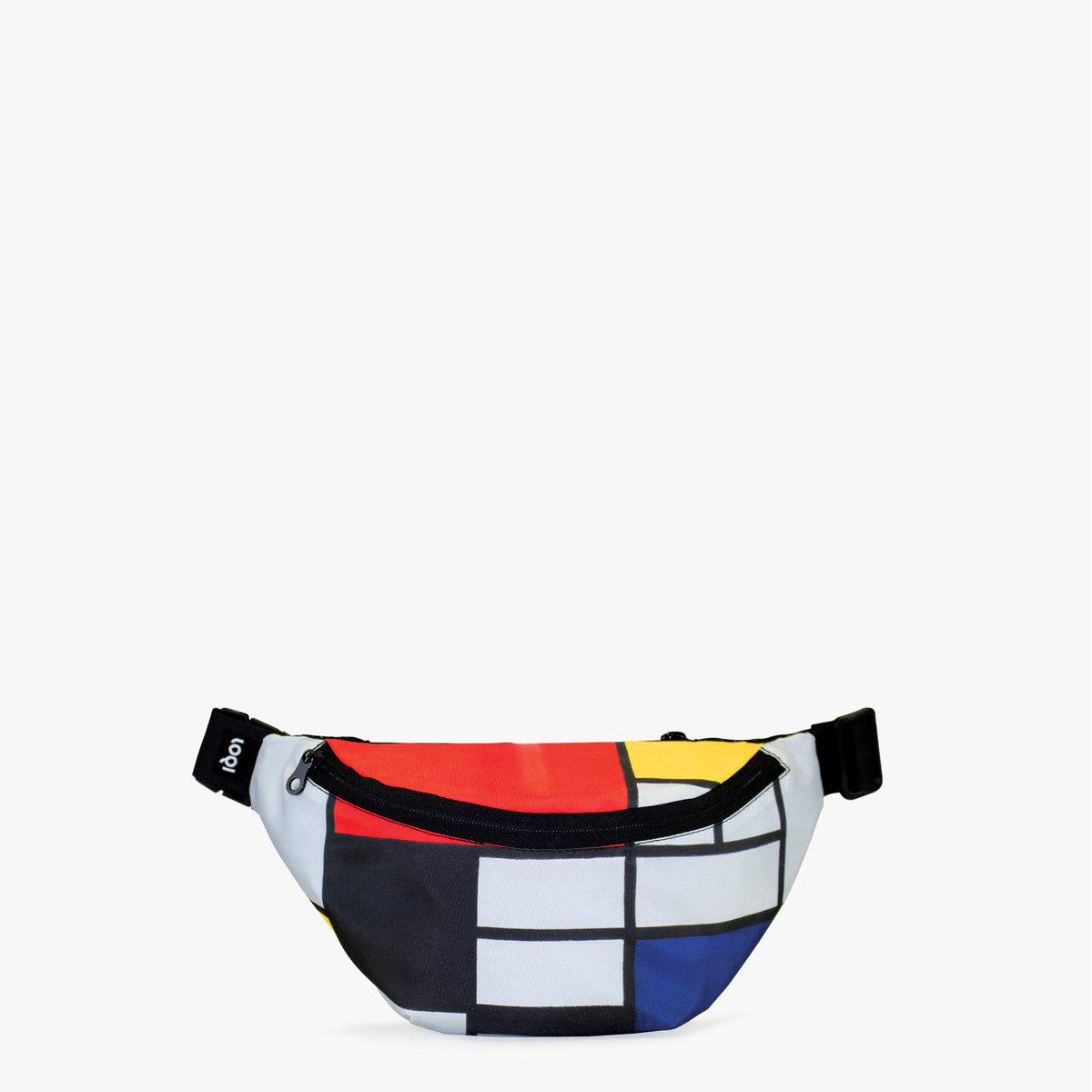 Composition avec rouge, jaune, bleu et noir, sac à dos recyclé
