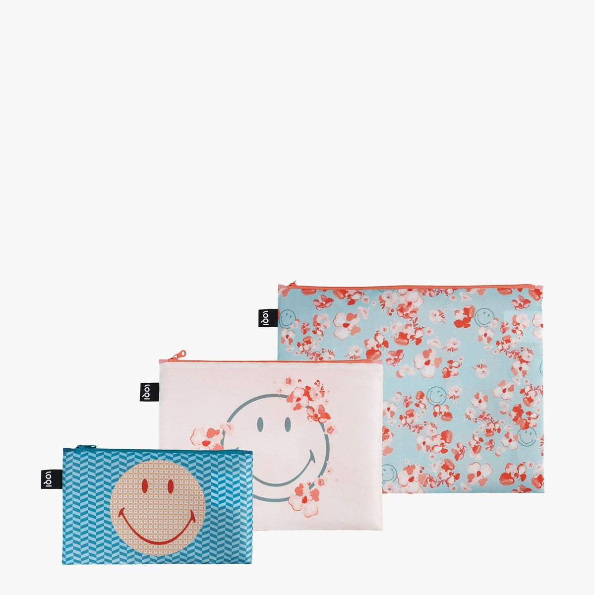LOQI Smiley Blossom &amp; Geometric Recycled Zip Pockets Set